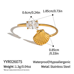 Golden Ocean 304 Stainless Steel & Cubic Zirconia Cuff Open Rings, Conch Shape, Golden, US Size 8 1/2(18.5mm)