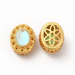 Golden Long-Lasting Rack Plating Brass Multi-Strand Links, with Synthetic Opal, Oval with Hollow Flower, Golden, 14x12x9mm, Hole: 2mm