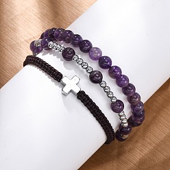Аметист Регулируемые браслеты из плетеных бусин из натурального аметиста и гематита, с крестообразным сплавным шариком, внутренний диаметр: 2-1/8~2-3/4 дюйм (5.45~6.85 см)