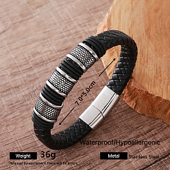Oval Vintage 304 Stainless Steel Men's Braided PU Leather Bracelets with Metal Magnetic Clasps, Black, Antique Silver, Oval, Inner Diameter: 2.76 inch(7cm)