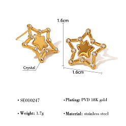 Star 304 Stainless Steel Rhinestone Stud Earrings, Golden, Star, 16x16mm