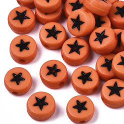 Coral Opaque Acrylic Beads, with Enamel, Flat Round with Star, Coral, 7x4mm, Hole: 1.5mm, about 3416pcs/500g