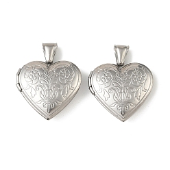 Нержавеющая Сталь Цвет 316 подвески из нержавеющей стали Locket, сердце с цветочным шармом, с 304 защелкой из нержавеющей стали на поручнях, цвет нержавеющей стали, 28.5x28.5x7.5 мм, отверстие : 8.5x4 мм, внутренний диаметр: 21.5x20.5 мм