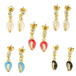 Mixed Color Shell Shape Golden Brass Dangle Stud Earrings, with Enamel and Clear Cubic Zirconia, Mixed Color, 19.5x5.5mm