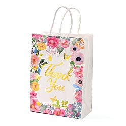 Цветок Прямоугольные бумажные пакеты с золотым тиснением, с ручкой, для подарочных пакетов и сумок, Слово спасибо, что, цветочным узором, 14.9x8.1x21 см