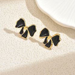 Черный Серьги-гвоздики из нержавеющей стали с бантом, золотые, чёрные, 19.8x24.4 мм