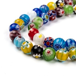 Mixed Color Handmade Millefiori Glass Beads Strands, Single Flower, Round, Mixed Color, Size: about 8mm in diameter, hole: 1mm, about 48pcs/strand, 14 inch