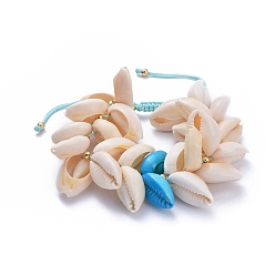 Deep Sky Blue Adjustable Nylon Thread Cord Braided Bead Bracelets, with Natural Cowrie Shell Beads and Brass Beads, Golden, Deep Sky Blue, 5~9cm