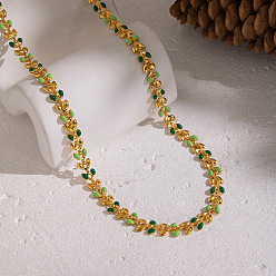 Настоящее золото 18K 304 Женские цепочки из нержавеющей стали с эмалированными звеньями в виде листьев, ионное покрытие (ip), зелёные, реальный 18 k позолоченный, 16.10 дюйм (40.9 см)