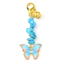 Synthetic Turquoise Alloy Enamel Butterfly Pendant Decoration, Synthetic Turquoise Chips and Lobster Claw Clasps Charms, 64mm
