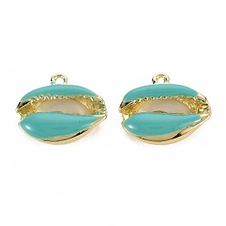 Светлый Морско-зеленый Стойки подвески обшивки сплава, с эмалью, без кадмия и без свинца, каури оболочки, золотой свет, светло-зеленый, 16.5x19x5.5 мм, отверстие : 1.6 мм