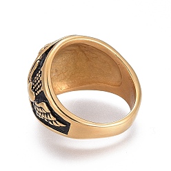 Antique Golden 304 Stainless Steel Signet Rings for Men, Wide Band Finger Rings, Flat Round with Lion, Antique Golden, Size 7~12, 17~22mm