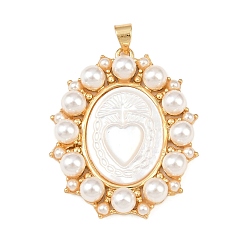 Сердце Овальные подвески из натуральной белой ракушки, с латунной оправой и искусственным жемчугом из АБС-пластика, реальный 18 k позолоченный, долговечный, без кадмия и без свинца, стойки покрытие, сердце, 35.5x29.5x6 мм, отверстие : 4.5x3.5 мм