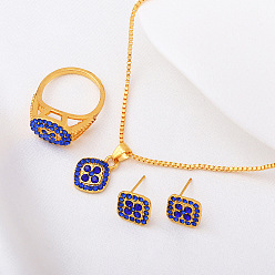 Капри Синий Ожерелья с подвесками из сплава ромбов и страз, серьги-гвоздики и комплекты колец, золотые, Капри синий, 455 мм