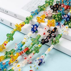 Mixed Color Cross Handmade Millefiori Glass Beads Strands, Mixed Color, 17x14x3mm, Hole: 1.5mm, about 21pcs/strand, 14.1 inch