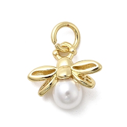 Настоящее золото 18K Латунные подвески, прелести пчел, с прыжковым кольцом и искусственным жемчугом из пресса, без кадмия и без свинца, стойки покрытие, долговечный, реальный 18 k позолоченный, 11x12x4.5 мм, отверстие : 3.4 мм