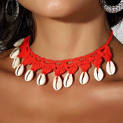 Красный Ожерелья-чокеры ручной работы из полиэстерового шнура в стиле бохо с кисточками из натуральных ракушек каури для женщин, красные, 15.75~23.62 дюйм (40~60 см)