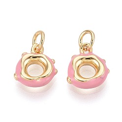 Pink Латунь эмаль подвески, пончики, с целью перехода в кольце, реальный 18 k позолоченный, розовые, 11x10x3 мм, отверстие : 3 мм