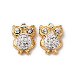 Настоящее золото 14K 304 подвески из нержавеющей стали, сова прелести, со стразами и глиняной посудой, реальный 14 k позолоченный, 10.5x8x3 мм, отверстие : 1 мм