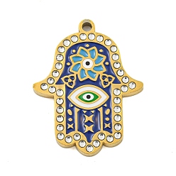 Настоящее золото 18K Ионное покрытие (ip) 304 подвески из нержавеющей стали со стразами, с эмалью, Рука хамса с цветком и оберегом от сглаза, реальный 18 k позолоченный, 26x20.5x2 мм, отверстие : 1.6 мм