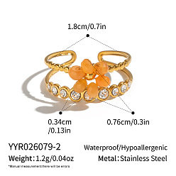Orange 304 Stainless Steel Rhinestone Cuff Open Rings for Women, Flower, with Glass, Real 18K Gold Plated, Orange, 7.6mm, Inner Diameter: 18mm