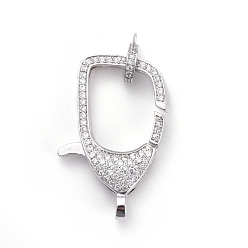 Платина Латунные микро проложить кубического циркония когтя омара застежками, с поручнями/трубчатыми поручнями, прозрачные, платина, застежка : 31x21x7 mm, отверстие : 3 мм, трубчатые поручни: 10x8x2мм, отверстие : 1 мм