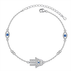 Hamsa Hand Браслеты из латуни с инкрустацией прозрачными и синими кубическими циркониями., платина, хамса рука, 7.09 дюйм (18 см)