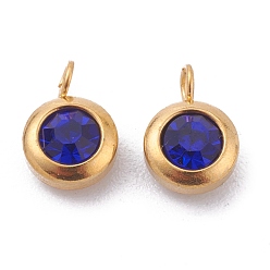Сапфир 304 из нержавеющей стали амулеты горный хрусталь, очарование камня, плоско-круглые, золотые, сапфир, 9x6x4 мм, отверстие : 1.8 мм
