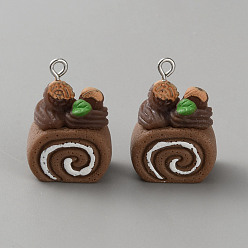 Коричневый Непрозрачные подвески смолы, рулет из торта, с платиново-железными петлями, кофе, 21x18.5x12.5 мм, отверстие : 2 мм