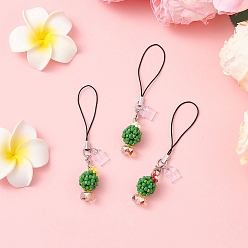 Mixed Color Christmas Theme Glass Seed & PVC Mobile Dustproof Plugs Pendant Decorations, Cord Loop, with Alloy Lobster Claw Clasps, Cactus Ball, Platinum, Mixed Color, 90mm, 3pcs/set