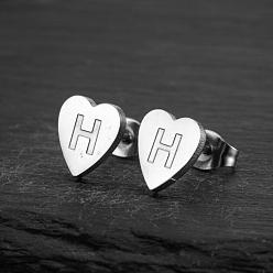 Letter H Сердце 201 нержавеющей стали серьги, цвет нержавеющей стали, Письмо ч, 10x10 мм