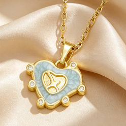 Heart Brass Enamel Pendant 201 Stainless Steel Cable Chain Necklaces for Women, Golden, with Crystal Rhinestone, Golden, Light Blue, Heart, 17.72 inch(45cm), pendant: 20mm