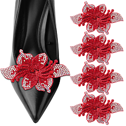 Red 4Pcs Iron Shoe Clips, with Polyester Flower, Platinum, Red, 60mm