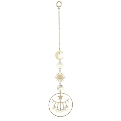 Clair AB Décorations pendantes octogonales en verre, attrape-soleil suspendus, avec lien lune, soleil et étoile en laiton, pour la décoration intérieure, clair ab, 235x50x1~8mm