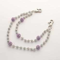 Орхидея Двухслойные цепочки для брюк из полимерной глины с круглыми бусинами и стразами, с поворотными застежками сплава, платина, сиреневые, 300 мм