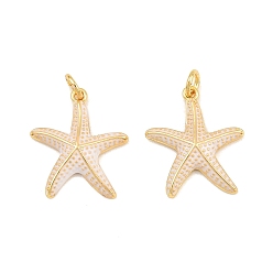 White Brass Enamel Pendants, Starfish Charms, Real 18K Gold Plated, White, 20.5x18x3.5mm, Hole: 3.5mm