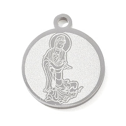 Stainless Steel Color Buddhist 304 Stainless Steel Pendants, Flat Round with Guanyin Charms, Hand Polished, Stainless Steel Color, 17x15x1.4mm, Hole: 1.8mm
