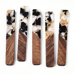 Черный Большие подвески из прозрачной смолы и орехового дерева, золотой фольгой, прямоугольник амулеты, чёрные, 51.5x7.5x3 мм, отверстие : 1.8 мм