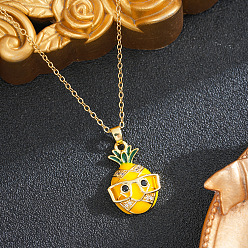 Pineapple Brass Enamel Fruit Pendant 201 Stainless Steel Cable Chain Necklaces for Women, Ion Plating(IP), Real 18K Gold Plated, Yellow, Pineapple, 15.75 inch(40cm)