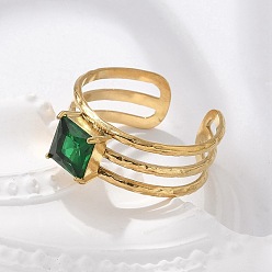 Настоящее золото 18K 304 из нержавеющей стали Манжета кольца для женщин, с кубического циркония, реальный 18 k позолоченный, 7.5x7.5 мм, внутренний диаметр: 18.5 мм