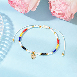Разноцветный Регулируемые плетеные браслеты из круглых стеклянных бусин, браслеты с подвесками в форме сердца из нержавеющей стали для женщин, золотые, красочный, внутренний диаметр: 304 дюйм (2~3-1/4 см)