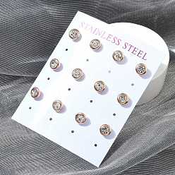 Розовое Золото Ионное покрытие (ip) 304 плоские круглые серьги-гвоздики из нержавеющей стали, с четким кубического циркония, розовое золото , 6.5 мм, 12 шт / комплект