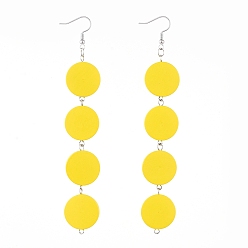 Yellow Poplar Wood Dangle Earrings, with Brass Earring Hooks, Iron Findings, Flat Round, Yellow, 124mm, Pin: 0.7mm