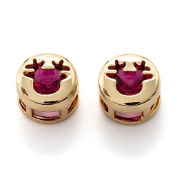 Rouge Violet Moyen Maillons multibrins en laiton plaqué or véritable 18k incrusté de zircone cubique, plat rond avec renne de noël/cerf/cerf, support violet rouge, 8x5.5mm, Trou: 3.2x2.2mm