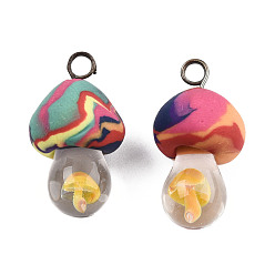 Colorful Handmade Polymer Clay Pendants, with Lampwork & Iron Findings, Mushroom, Colorful, 26~30x15~18mm, Hole: 2mm