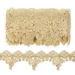 Leichtes Khaki Polyester-Blumenstickband, Spitzenbesatz, mit Pailletten, für Vorhangdekoration, Kleidungszubehör, leichtes Khaki, 3-1/2~6-1/8 Zoll (90~155 mm), ca. 10.00 Yards (9.14 m)/Rolle