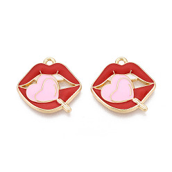 Красный Подвески из эмали и сплава, губы с подвесками в виде конфет в форме сердечек, золотые, без кадмия, без никеля и без свинца, красные, 20x21x2.2 мм, отверстие : 1.8 мм