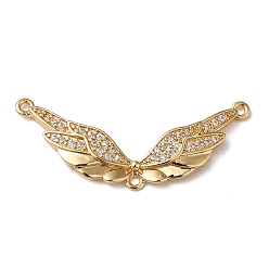 Golden Brass Micro Pave Cubic Zirconia Pendants, Nickel Free, Wing Charms, Golden, 13x31.5x2mm, Hole: 1mm