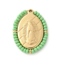 Зеленый лайм 304 прелести нержавеющей стали, овальные с Иисусом, со стеклянными бисеринами, реальный 14 k позолоченный, зеленый лайм, 25.5x19x2.5 мм, отверстие : 1.2 мм