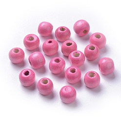 Pink Dyed Natural Wood Beads, Round, Lead Free, Pink, 10x9mm, Hole: 3mm, about 3000pcs/1000g